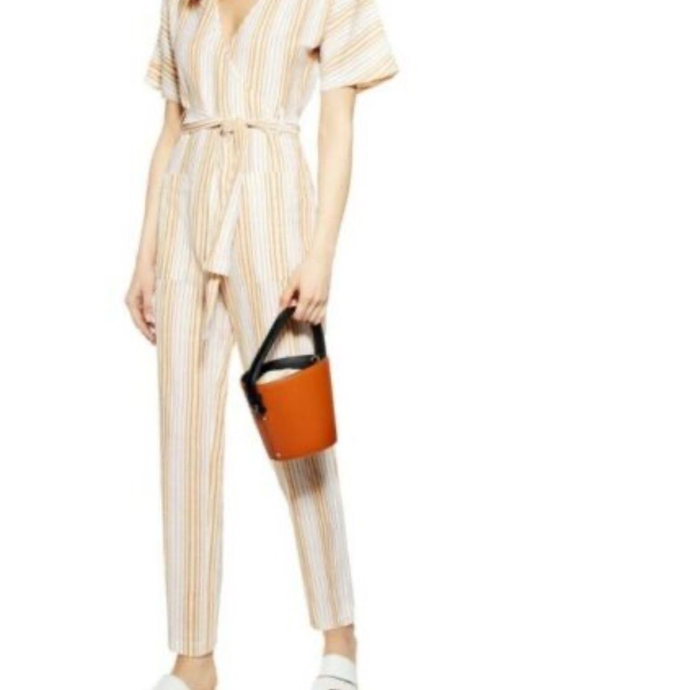 New Topshop Binky Stripe Jumpsuit Size 4 Tan and White
